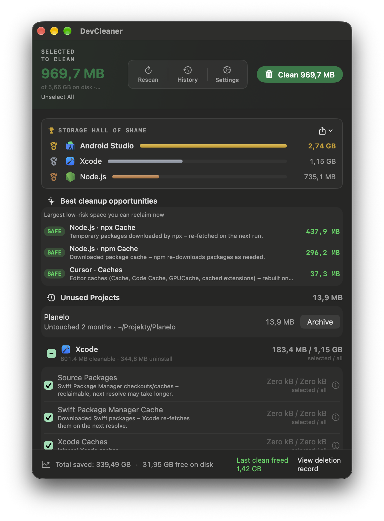 DevCleaner main window. Storage Hall of Shame ranks Android Studio, Xcode, and Node.js. Safe cleanup rows are marked SAFE.