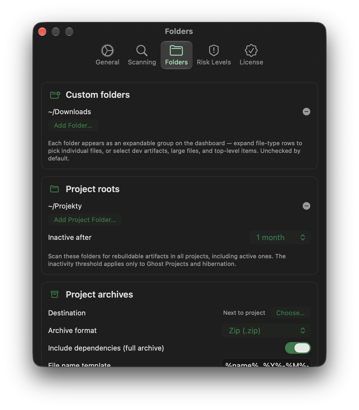 DevCleaner Settings, Folders tab. Project roots, custom scan folders, and where archived projects are stored.