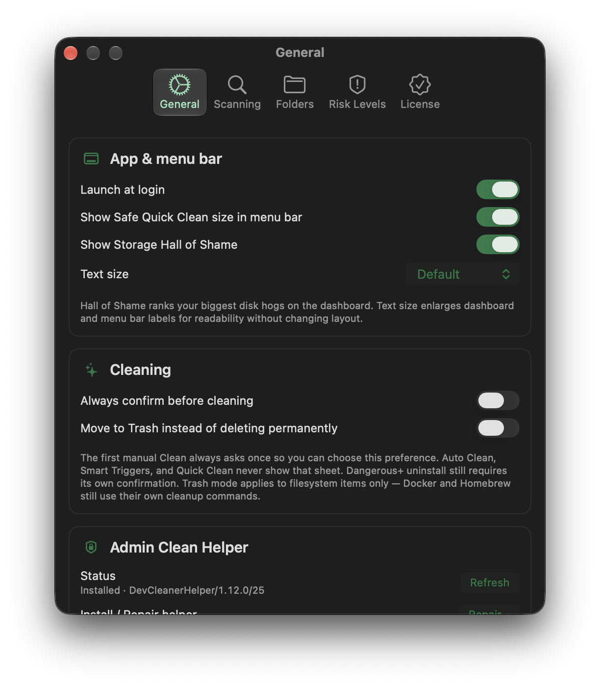 DevCleaner Settings, General tab. Launch at login and confirm before a manual clean. Move to Trash is optional and off by default, so cleanup permanently deletes until you turn it on.