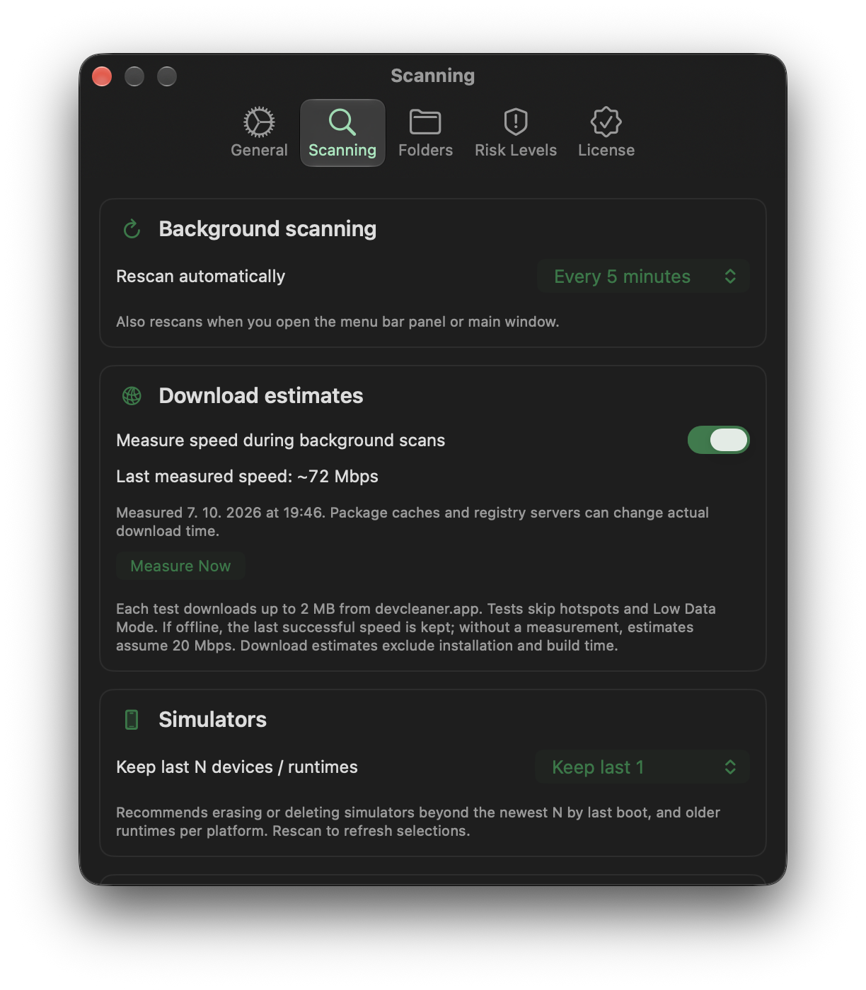 DevCleaner Settings, Scanning tab. Background scan interval, automatic project cleaning, and download time estimates.