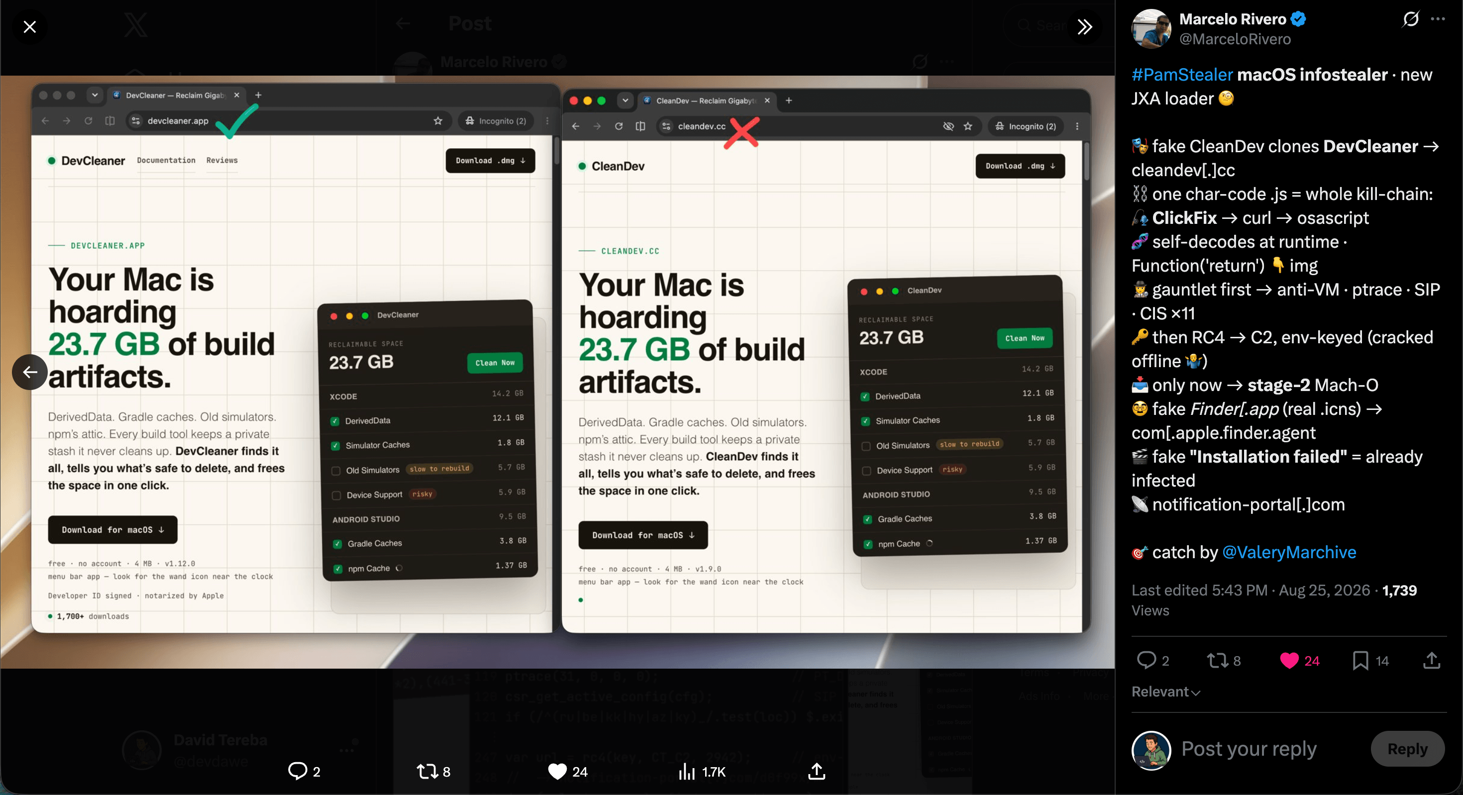 X post by Marcelo Rivero comparing the real DevCleaner site (devcleaner.app) with the fake CleanDev clone (cleandev.cc) used to distribute PamStealer